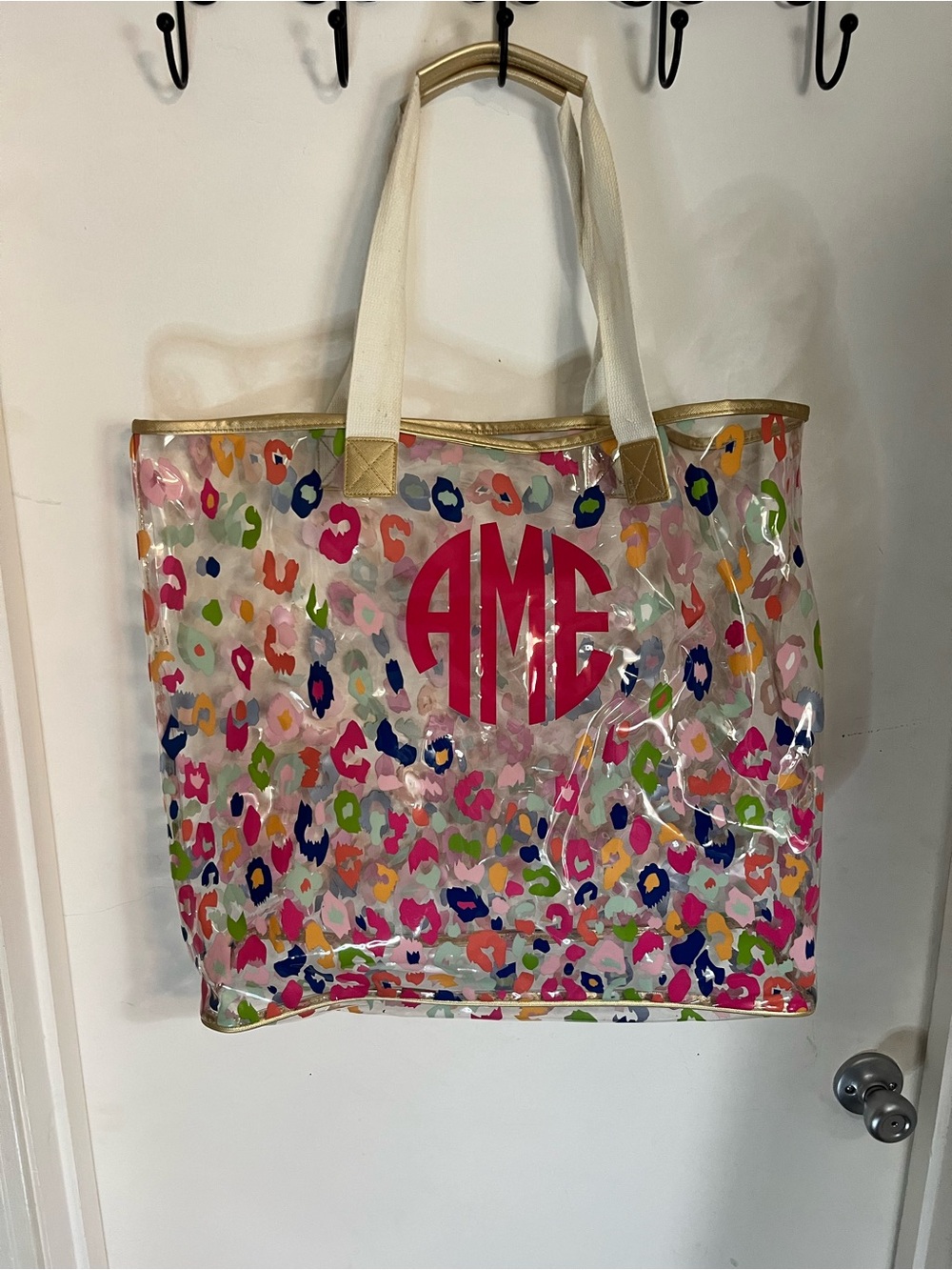 Clear Multicolor Leopard Print Tote Bag with Pink Monogram